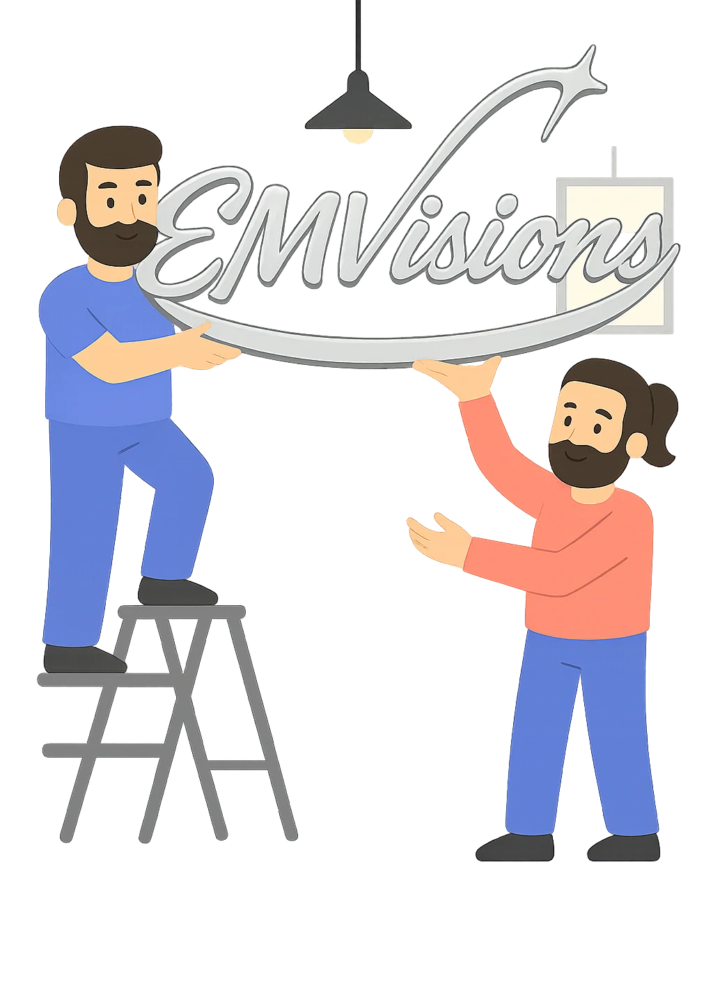 EM Visions hanging up their sign illustration
